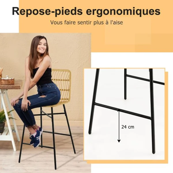 Tabourets de Bar Lot de 2 Dossier en Osier PE Siège en Cuir PU - 69 CM de Haut Style Naturel