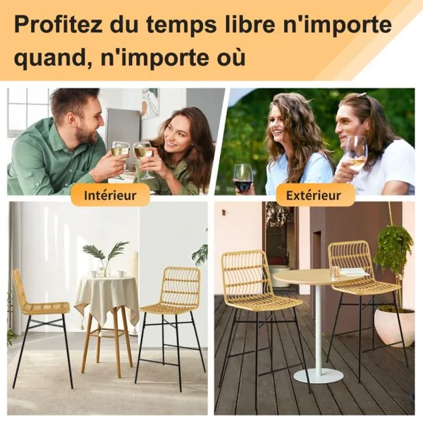 Tabourets de Bar Lot de 2 Dossier en Osier PE Siège en Cuir PU - 69 CM de Haut Style Naturel