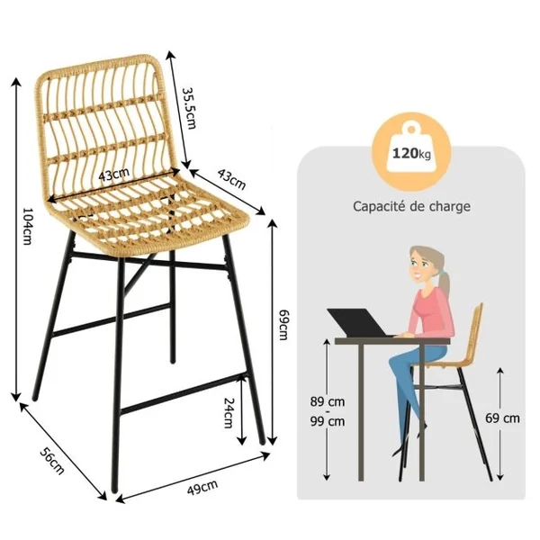 Tabourets de Bar Lot de 2 Dossier en Osier PE Siège en Cuir PU - 69 CM de Haut Style Naturel