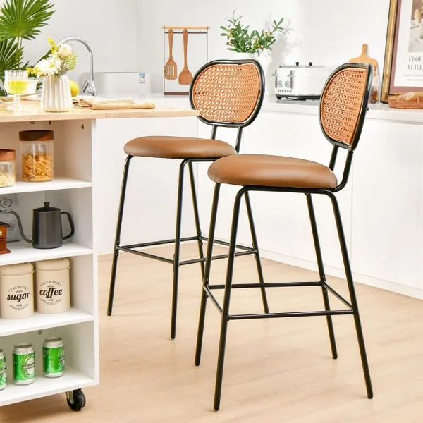 Tabourets de Bar Lot de 2 Dossier en Rotin PE Siège en Cuir PU 75 CM de Haut Style Vintage Marron