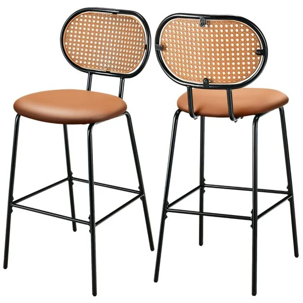 Tabourets de Bar Lot de 2 Dossier en Rotin PE Siège en Cuir PU 75 CM de Haut Style Vintage Marron