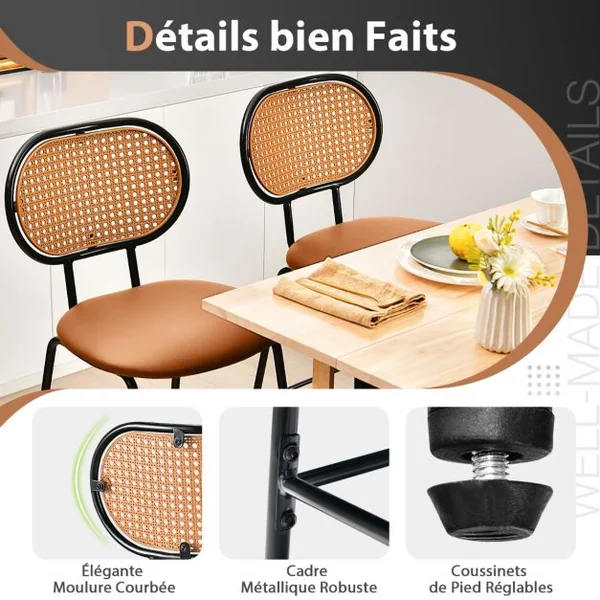 Tabourets de Bar Lot de 2 Dossier en Rotin PE Siège en Cuir PU 75 CM de Haut Style Vintage Marron