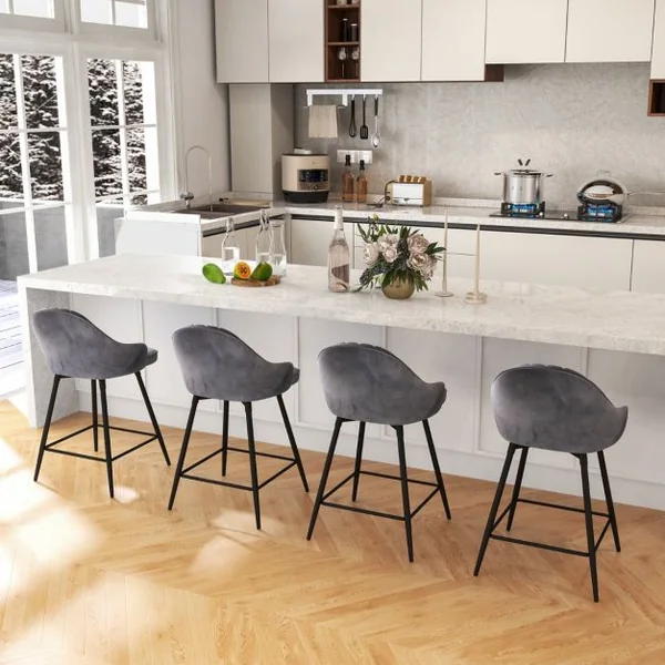 Tabourets de Bar Pivotants Lot de 2 Chaise de Bar en Velours avec Repose-Pieds Cadre en Métal Noir Chaise Haute pour Îlots Cuisine Bistro Gris