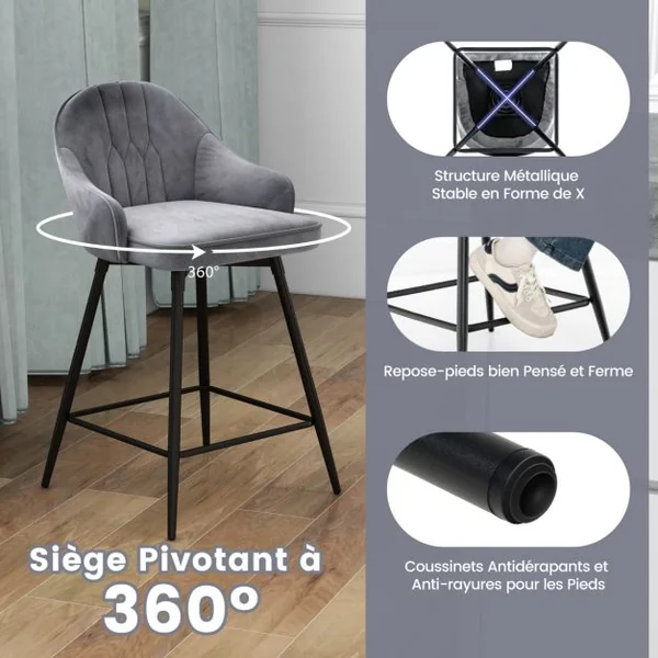 Tabourets de Bar Pivotants Lot de 2 Chaise de Bar en Velours avec Repose-Pieds Cadre en Métal Noir Chaise Haute pour Îlots Cuisine Bistro Gris
