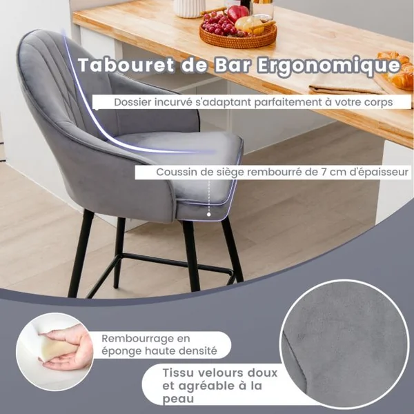Tabourets de Bar Pivotants Lot de 2 Chaise de Bar en Velours avec Repose-Pieds Cadre en Métal Noir Chaise Haute pour Îlots Cuisine Bistro Gris