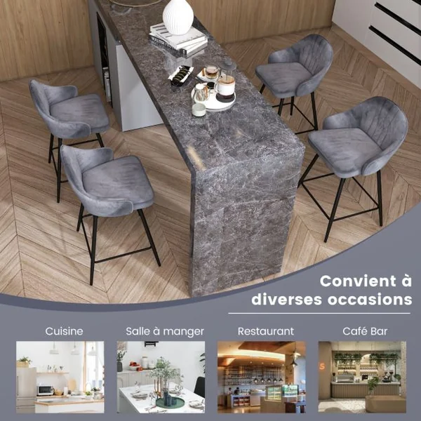 Tabourets de Bar Pivotants Lot de 2 Chaise de Bar en Velours avec Repose-Pieds Cadre en Métal Noir Chaise Haute pour Îlots Cuisine Bistro Gris