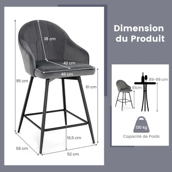 Tabourets de Bar Pivotants Lot de 2 Chaise de Bar en Velours avec Repose-Pieds Cadre en Métal Noir Chaise Haute pour Îlots Cuisine Bistro Gris