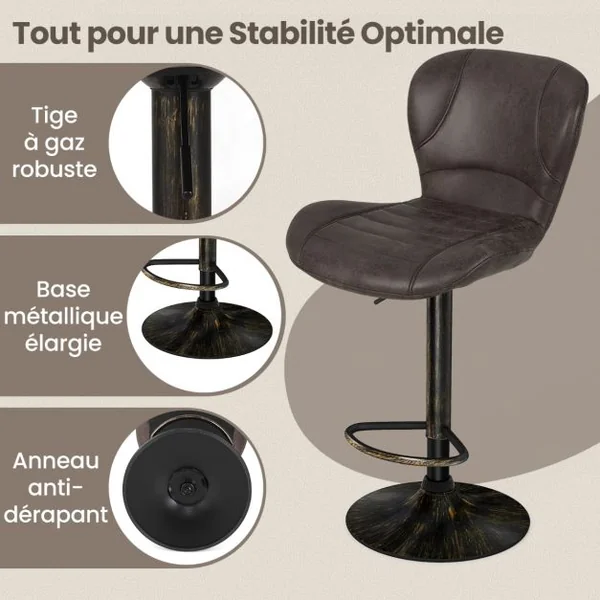 Tabourets de Bar Pivotants Lot de 2 Chaise de Bar Industrielle avec Repose-Pieds Chaise Haute Bar en Cuir Hauteur Réglable 87-108 cm Marron Rustique