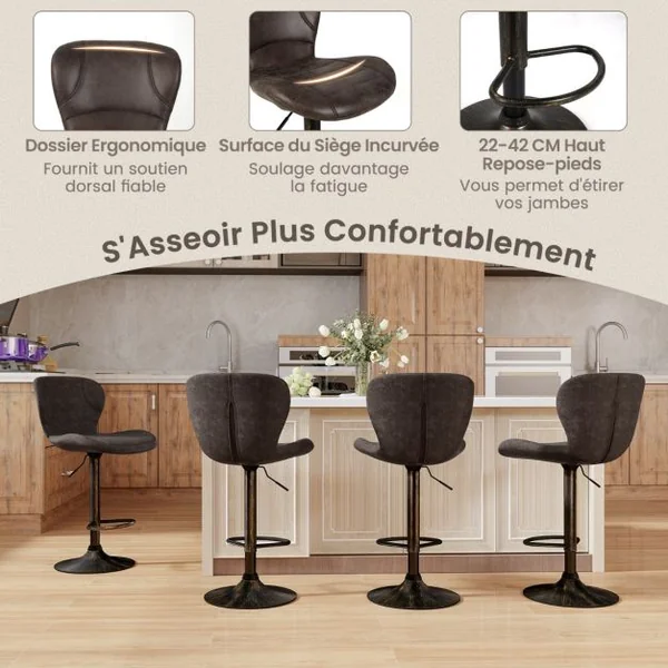 Tabourets de Bar Pivotants Lot de 2 Chaise de Bar Industrielle avec Repose-Pieds Chaise Haute Bar en Cuir Hauteur Réglable 87-108 cm Marron Rustique