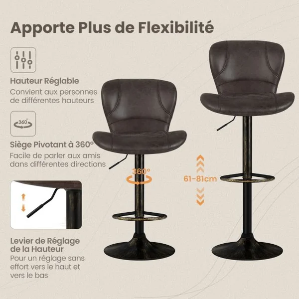 Tabourets de Bar Pivotants Lot de 2 Chaise de Bar Industrielle avec Repose-Pieds Chaise Haute Bar en Cuir Hauteur Réglable 87-108 cm Marron Rustique
