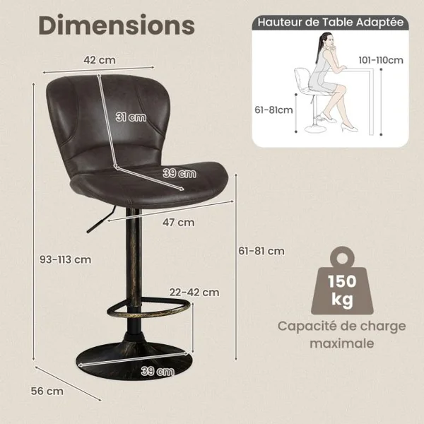 Tabourets de Bar Pivotants Lot de 2 Chaise de Bar Industrielle avec Repose-Pieds Chaise Haute Bar en Cuir Hauteur Réglable 87-108 cm Marron Rustique