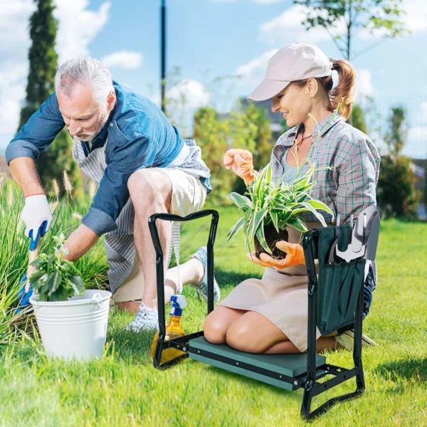 Tabourets de Jardinage Pliable avec Coussin EVA Genouillère de Jardin 2 en 1 Cadre en Métal Siège de Jardinier avec Sac à Outils Supporter Jusqu'à 120KG