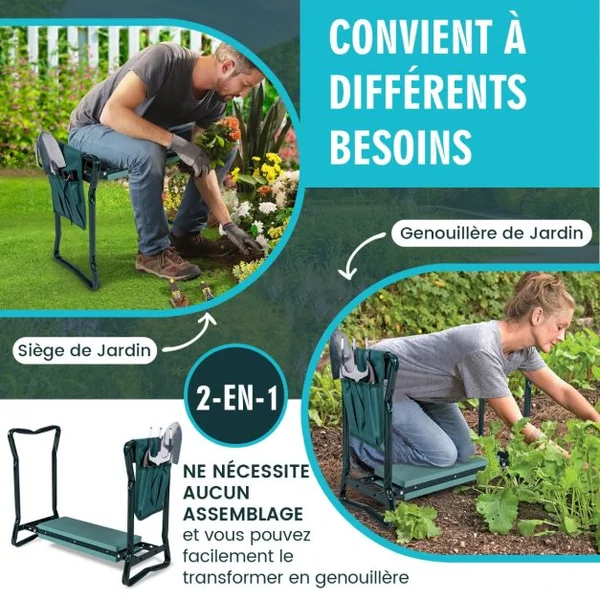 Tabourets de Jardinage Pliable avec Coussin EVA Genouillère de Jardin 2 en 1 Cadre en Métal Siège de Jardinier avec Sac à Outils Supporter Jusqu'à 120KG
