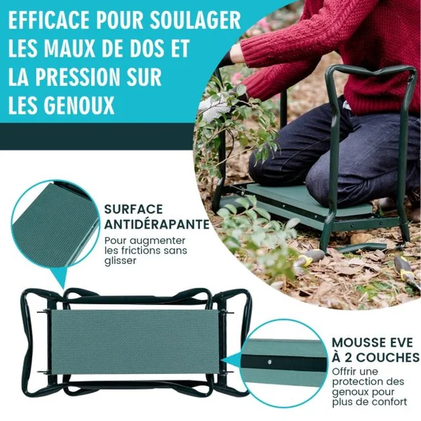 Tabourets de Jardinage Pliable avec Coussin EVA Genouillère de Jardin 2 en 1 Cadre en Métal Siège de Jardinier avec Sac à Outils Supporter Jusqu'à 120KG