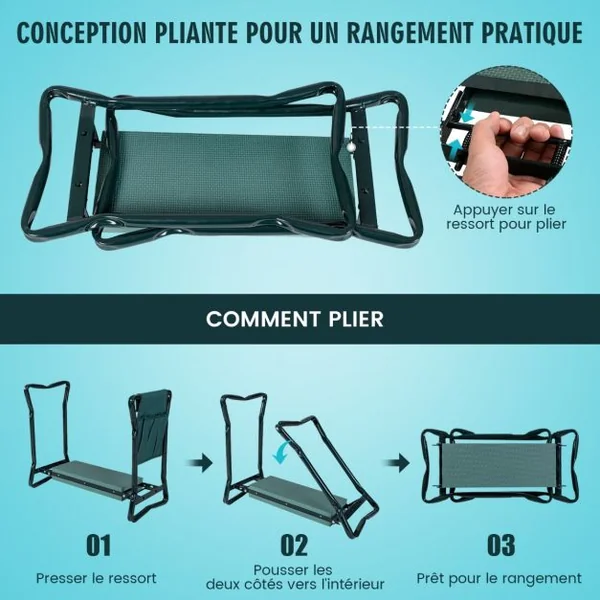 Tabourets de Jardinage Pliable avec Coussin EVA Genouillère de Jardin 2 en 1 Cadre en Métal Siège de Jardinier avec Sac à Outils Supporter Jusqu'à 120KG