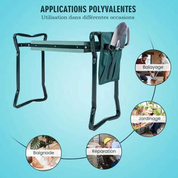 Tabourets de Jardinage Pliable avec Coussin EVA Genouillère de Jardin 2 en 1 Cadre en Métal Siège de Jardinier avec Sac à Outils Supporter Jusqu'à 120KG