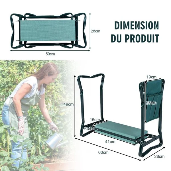 Tabourets de Jardinage Pliable avec Coussin EVA Genouillère de Jardin 2 en 1 Cadre en Métal Siège de Jardinier avec Sac à Outils Supporter Jusqu'à 120KG
