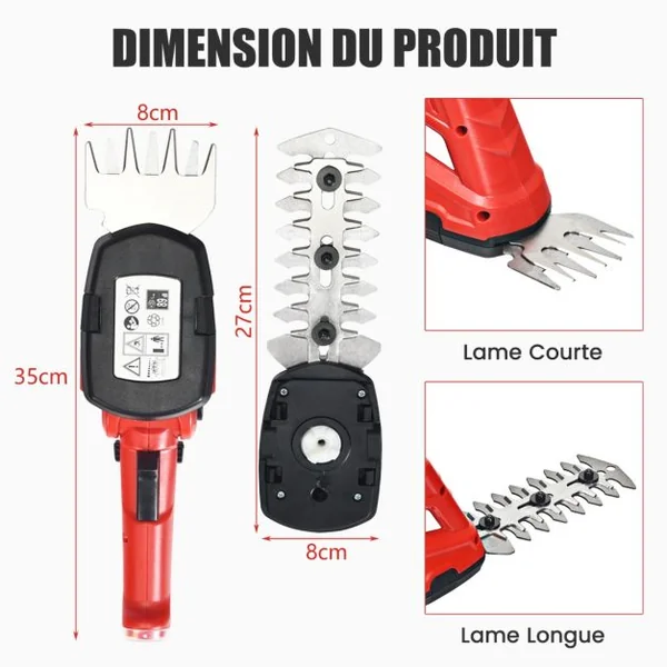 Taille-Herbes sans Fil 3,6 V 2 Ah 2 en 1 Cisaille à Gazon Batterie Rechargeable Charge 2 Lames Largeur 8cm Longueur 11,5 cm