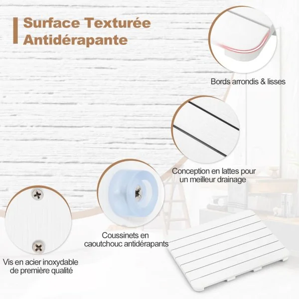 Tapis de Bain pour Douche en Hips et Vis en Acier Inoxydable Imperméable Anticorrosion et Antirouille Blanc