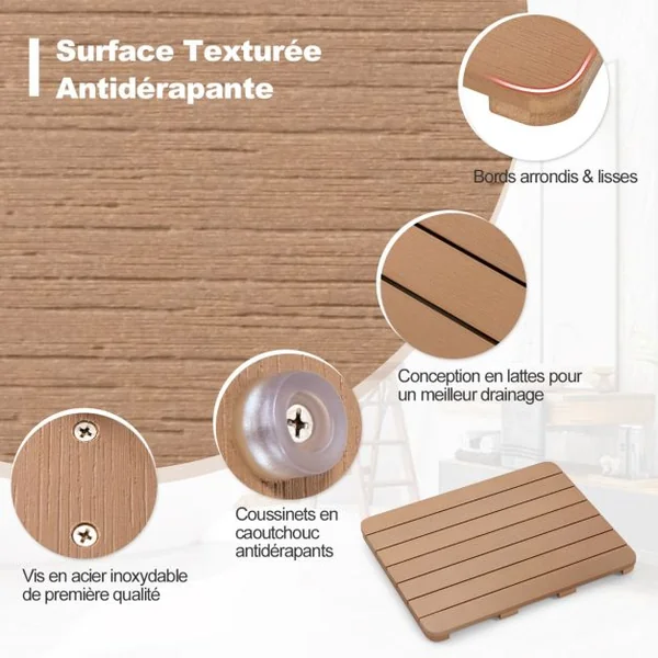 Tapis de Bain pour Douche en Hips et Vis en Acier Inoxydable Imperméable Anticorrosion et Antirouille Marron