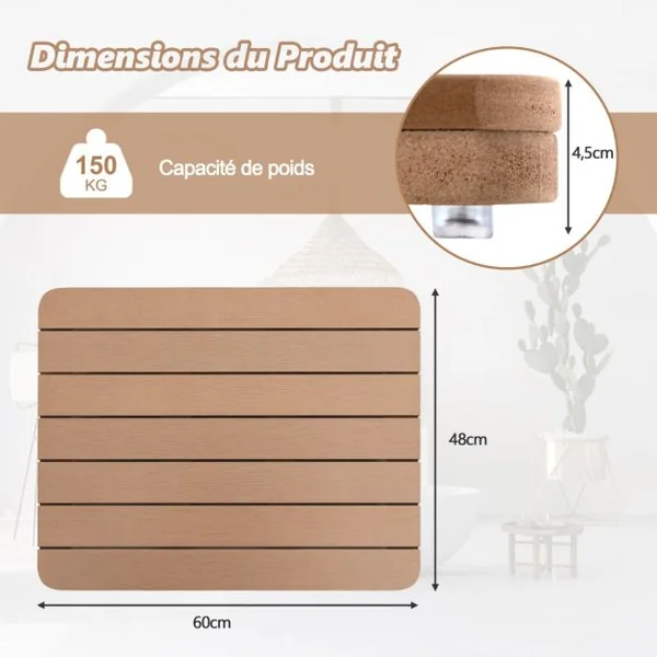 Tapis de Bain pour Douche en Hips et Vis en Acier Inoxydable Imperméable Anticorrosion et Antirouille Marron
