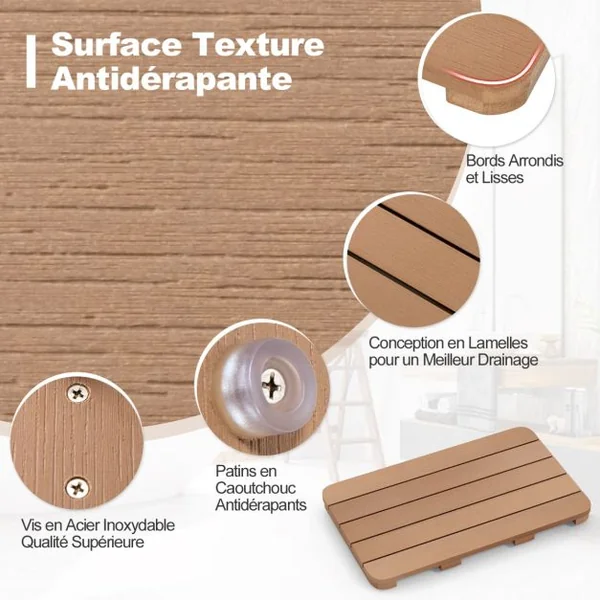 Tapis de Bain pour Douche en Hips et Vis en Acier Inoxydable Imperméable Tapis de Douche Anticorrosion et Antirouille Blanc