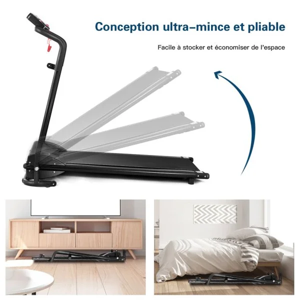 Tapis de Course Electrique Pliable 1 à 10 Km/H 12 Programmes avec Clé de Sécurité Moteur 1.0HP Ecran Multifonctions Fer Noir