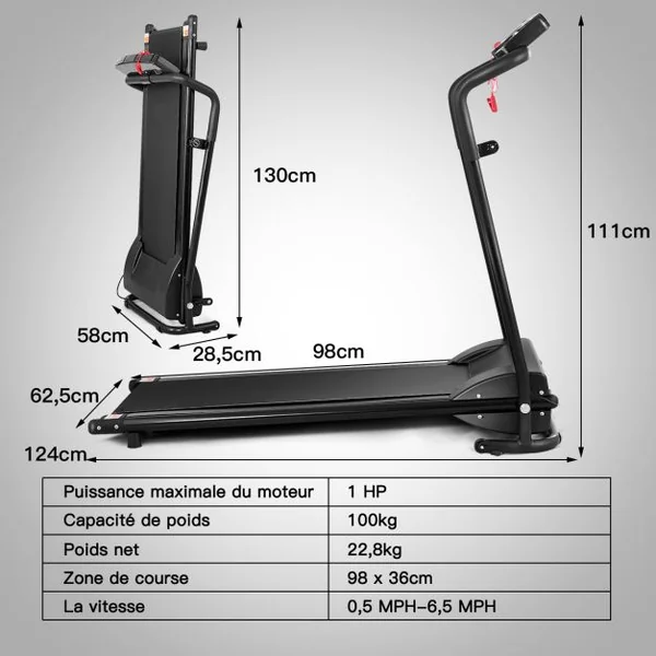 Tapis de Course Electrique Pliable 1 à 10 Km/H 12 Programmes avec Clé de Sécurité Moteur 1.0HP Ecran Multifonctions Fer Noir