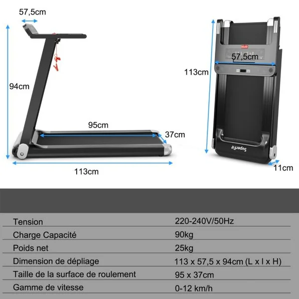Tapis de Course Electrique Tapis de Fitness Pliable pour Maison avec Application de Contrôle Argent/Bleu/Rouge