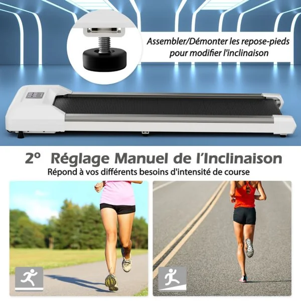 Tapis de Course Mince Tapis de Jogging avec Capacité de 120 Kg Télécommande et Écran Led Inclinable à Roulettes Tapis de Course à Glisser Gris