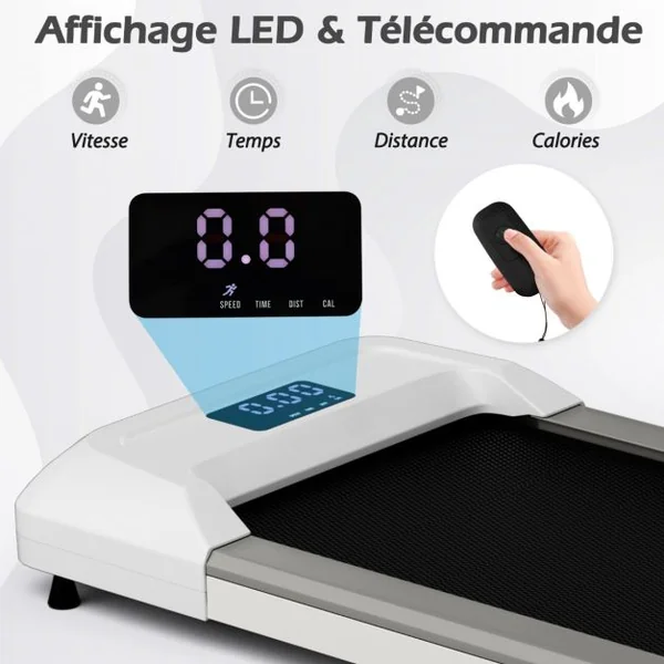 Tapis de Course Mince Tapis de Jogging avec Capacité de 120 Kg Télécommande et Écran Led Inclinable à Roulettes Tapis de Course à Glisser Gris