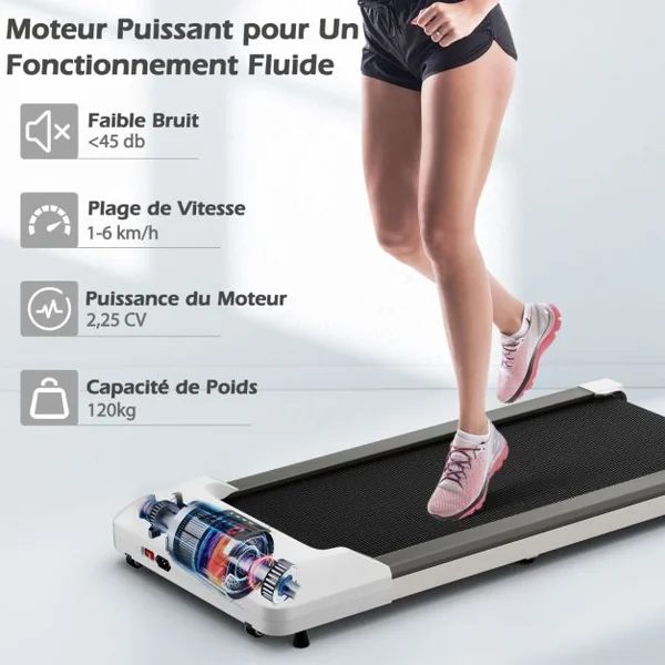 Tapis de Course Mince Tapis de Jogging avec Capacité de 120 Kg Télécommande et Écran Led Inclinable à Roulettes Tapis de Course à Glisser Gris