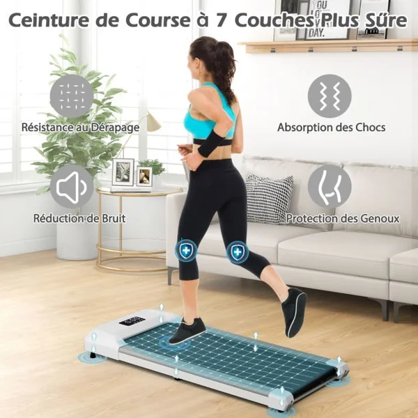 Tapis de Course Mince Tapis de Jogging avec Capacité de 120 Kg Télécommande et Écran Led Inclinable à Roulettes Tapis de Course à Glisser Gris