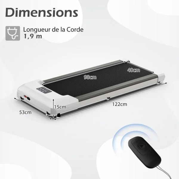 Tapis de Course Mince Tapis de Jogging avec Capacité de 120 Kg Télécommande et Écran Led Inclinable à Roulettes Tapis de Course à Glisser Gris