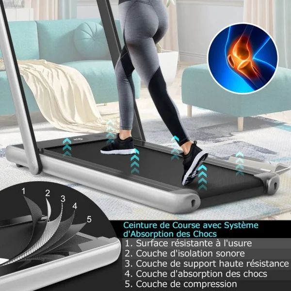 Tapis de Course Pliable 0,75HP Double Affichage LED APP et Télécommande Vitesse Motorisé 12 km/h Surface 40x100cm Argent