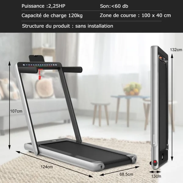 Tapis de Course Pliable 0,75HP Double Affichage LED APP et Télécommande Vitesse Motorisé 12 km/h Surface 40x100cm Argent