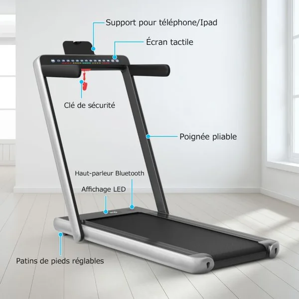 Tapis de Course Pliable 0,75HP Double Affichage LED APP et Télécommande Vitesse Motorisé 12 km/h Surface 40x100cm Argent