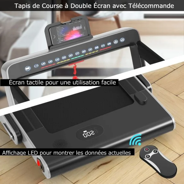Tapis de Course Pliable 0,75HP Double Affichage LED APP et Télécommande Vitesse Motorisé 12 km/h Surface 40x100cm Argent