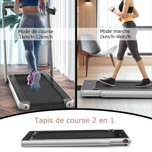 Tapis de Course Pliable 0,75HP Double Affichage LED APP et Télécommande Vitesse Motorisé 12 km/h Surface 40x100cm Argent