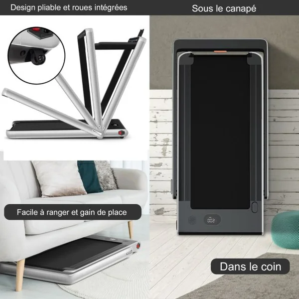 Tapis de Course Pliable 0,75HP Double Affichage LED APP et Télécommande Vitesse Motorisé 12 km/h Surface 40x100cm Argent