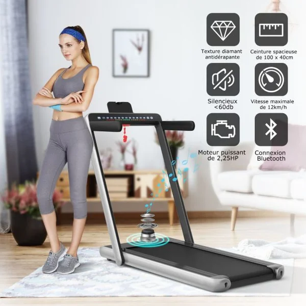 Tapis de Course Pliable 0,75HP Double Affichage LED APP et Télécommande Vitesse Motorisé 12 km/h Surface 40x100cm Argent