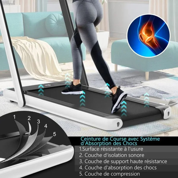 Tapis de Course Pliable 0,75HP Double Affichage LED APP et Télécommande Vitesse Motorisé 12 km/h Surface 40x100cm Blanc