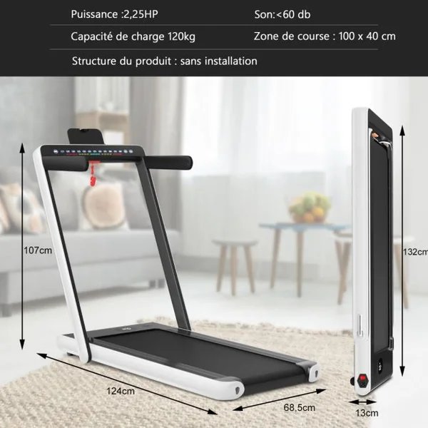 Tapis de Course Pliable 0,75HP Double Affichage LED APP et Télécommande Vitesse Motorisé 12 km/h Surface 40x100cm Blanc