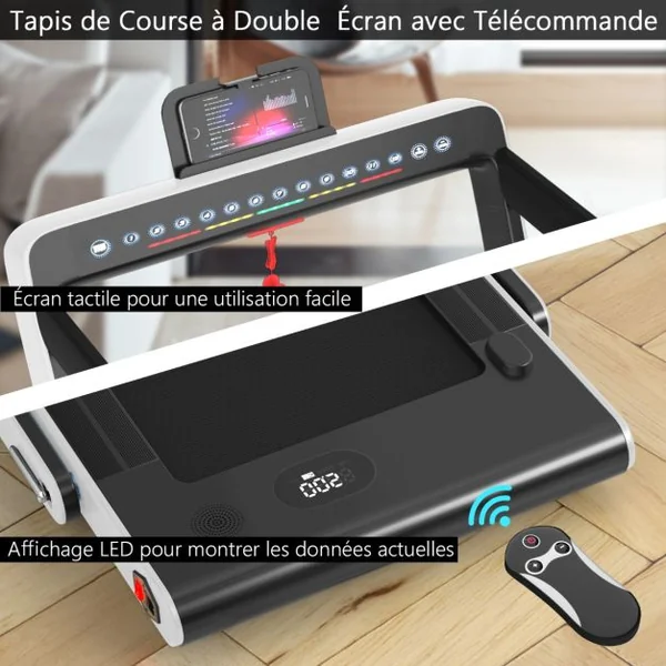 Tapis de Course Pliable 0,75HP Double Affichage LED APP et Télécommande Vitesse Motorisé 12 km/h Surface 40x100cm Blanc