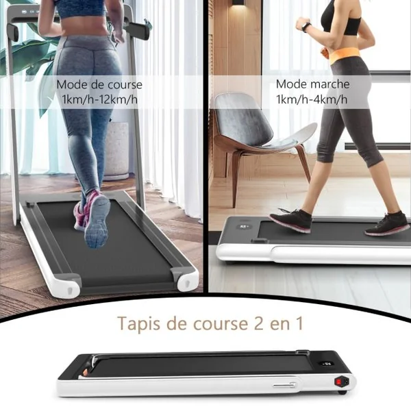 Tapis de Course Pliable 0,75HP Double Affichage LED APP et Télécommande Vitesse Motorisé 12 km/h Surface 40x100cm Blanc