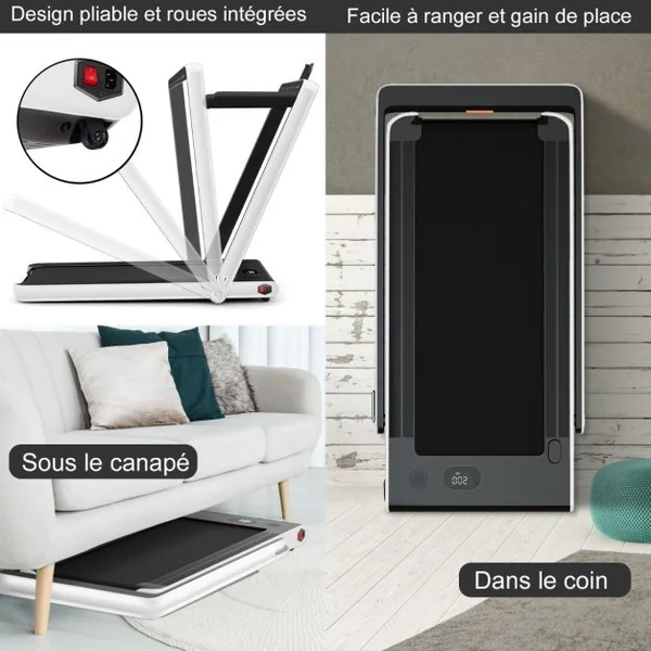 Tapis de Course Pliable 0,75HP Double Affichage LED APP et Télécommande Vitesse Motorisé 12 km/h Surface 40x100cm Blanc
