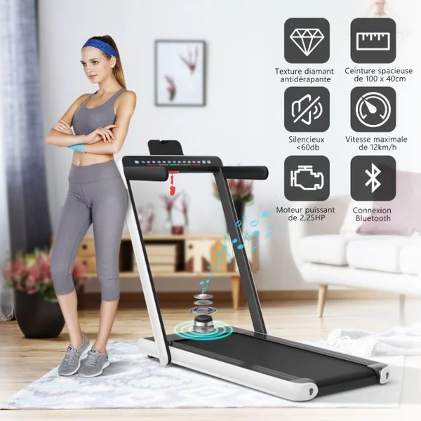 Tapis de Course Pliable 0,75HP Double Affichage LED APP et Télécommande Vitesse Motorisé 12 km/h Surface 40x100cm Blanc