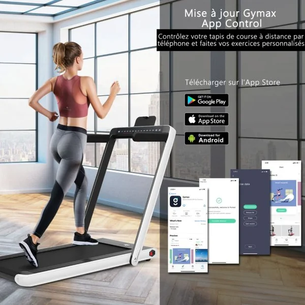 Tapis de Course Pliable 0,75HP Double Affichage LED APP et Télécommande Vitesse Motorisé 12 km/h Surface 40x100cm Blanc