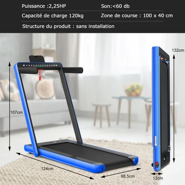 Tapis de Course Pliable 0,75HP Double Affichage LED APP et Télécommande Vitesse Motorisé 12 km/h Surface 40x100cm Bleu