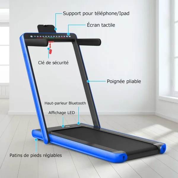 Tapis de Course Pliable 0,75HP Double Affichage LED APP et Télécommande Vitesse Motorisé 12 km/h Surface 40x100cm Bleu